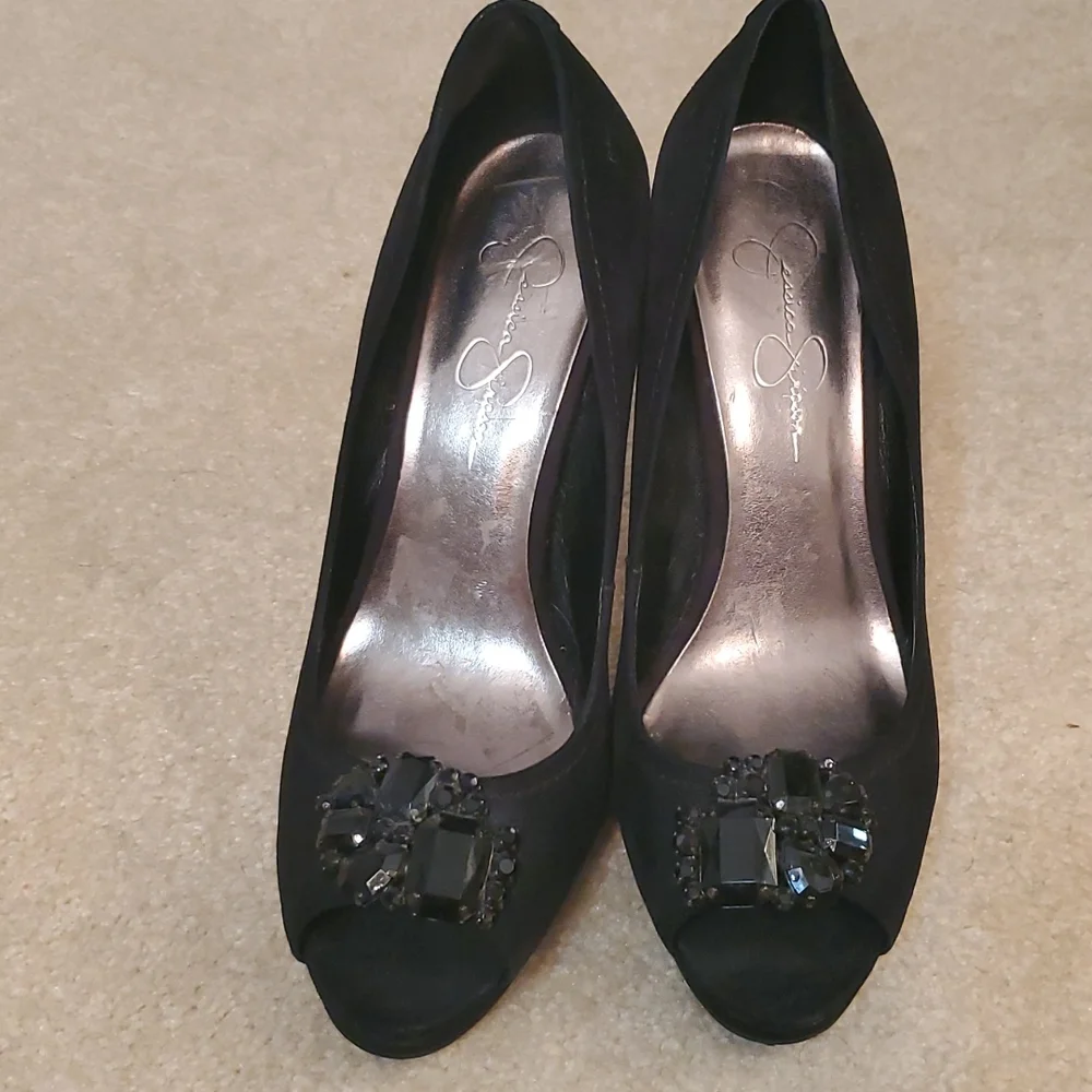 Jessica Simpson black peep toe black heels with bling. Size 9